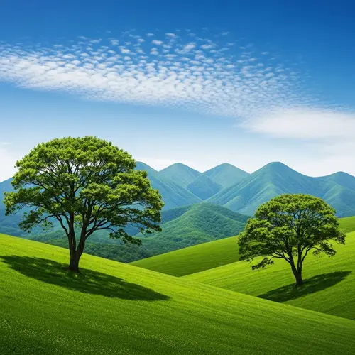 Lush Green Landscape with Mountains and Blue Sky