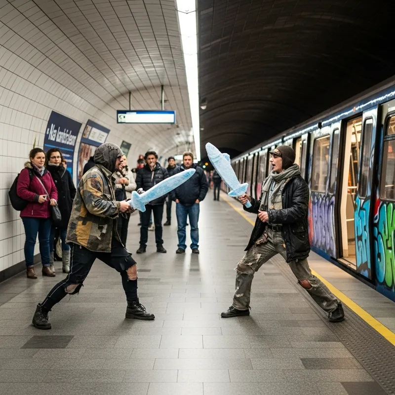 Homeless People Battle with Frozen Cats in Subway Station
