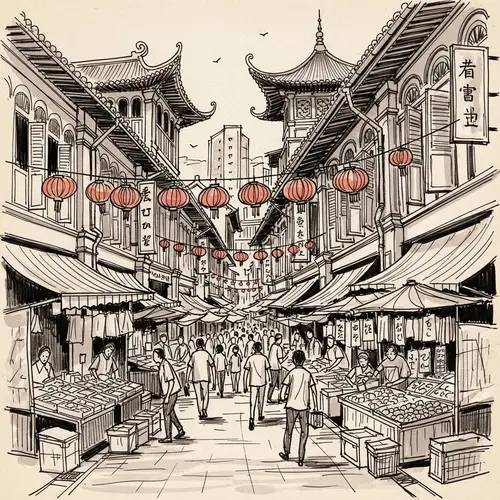 Chinatown Singapore: Whimsical Ink Sketch Art