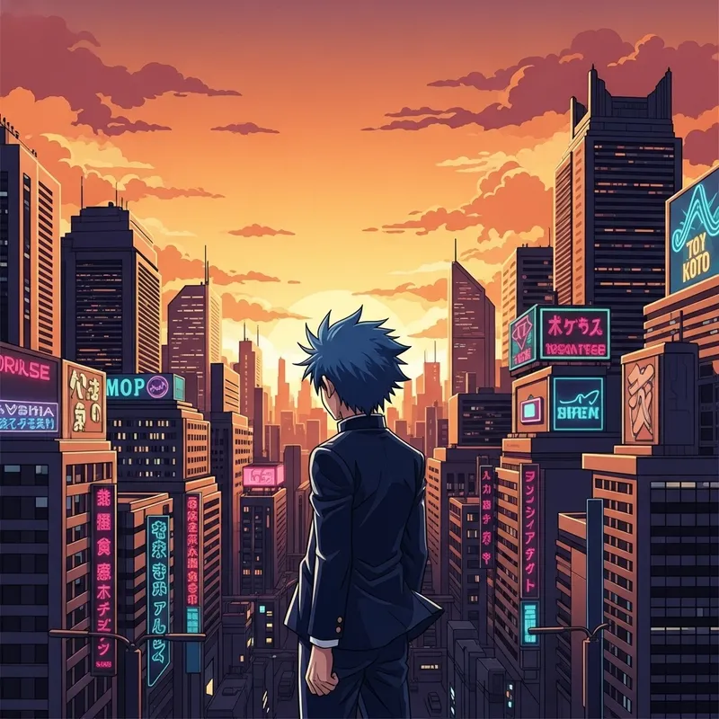 Anime-Inspired Vector Art: Spiky Blue Hair Character in Urban Setting | Dynamic Illustration