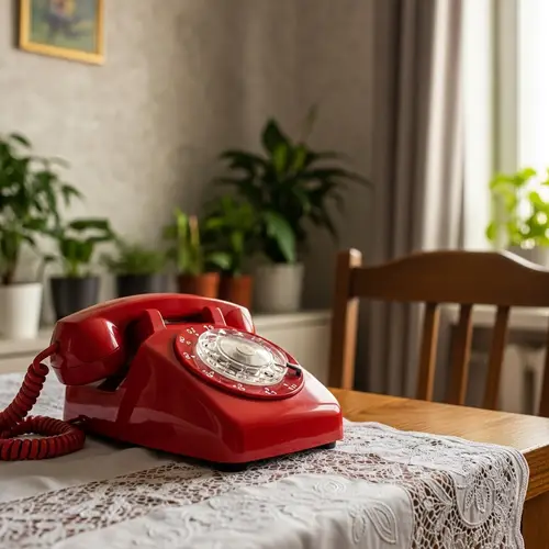 Vintage Red Telephone on Wooden Table | Nostalgic Domestic Setting