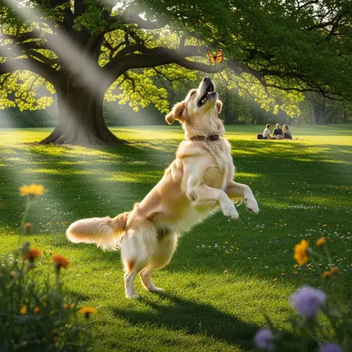 Lovable Golden Retriever Catching Butterfly in Park