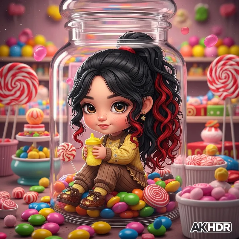 Realistic Chibi Style Illustration of Light Skin American Girl in Candy Store Atmosphere