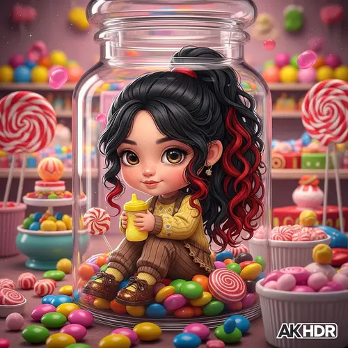 Chibi Style Illustration of Light Skin American Girl in Candy Jar