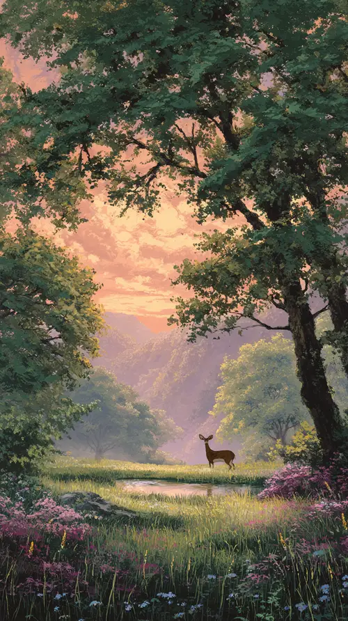 Serene Woodland Clearing with Graceful Deer