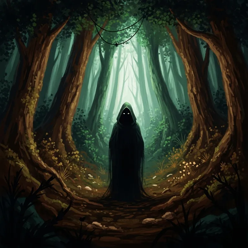 Shadowy Cloaked Figure in Enchanted Forest | Mystery & Intrigue Shadowy Cloaked Figure in Enchanted Forest | Mystery & Intrigue
