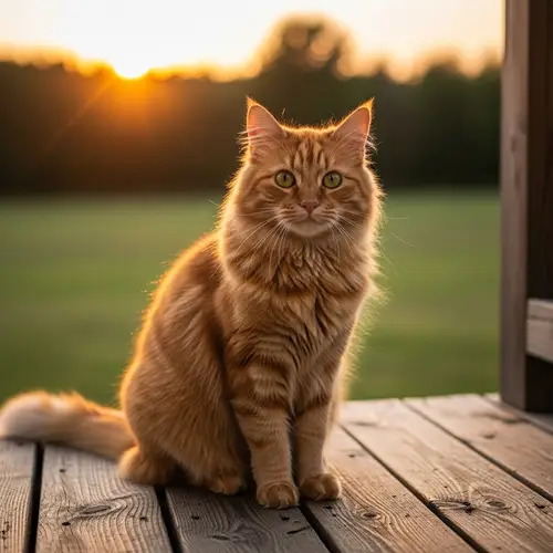 Tranquil Orange Tabby Cat Enjoying Evening Sunset on Porch