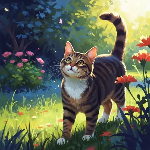 Playful Tabby Cat in Sunny Garden - Digital Painting with Whimsical Touch
