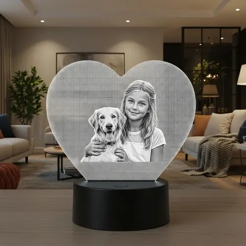 Laser Engraved Crystal Heart with Girl and Dog Image | Home Decor