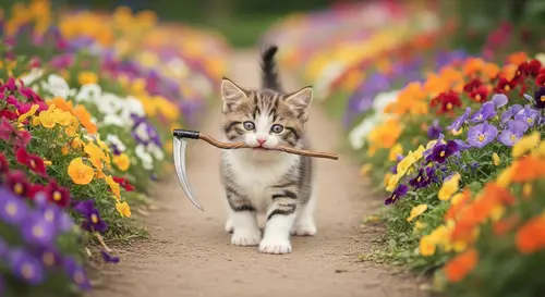 Playful Kitten with Death Scythe in Vibrant Garden | Fantasy-Inspired