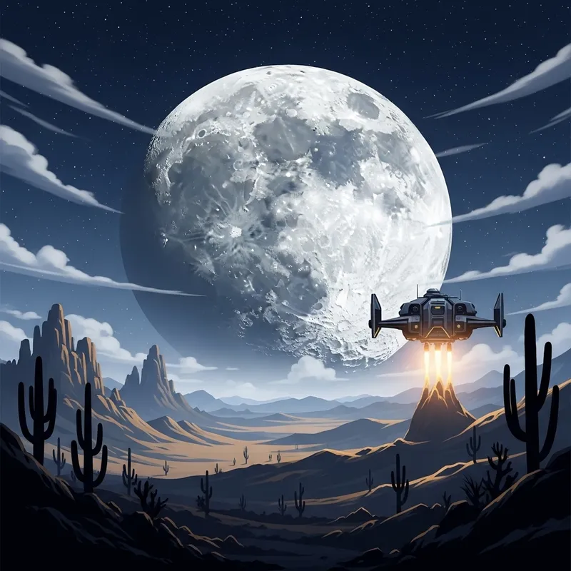 Moonlit Night Landscape with Spaceship Launching