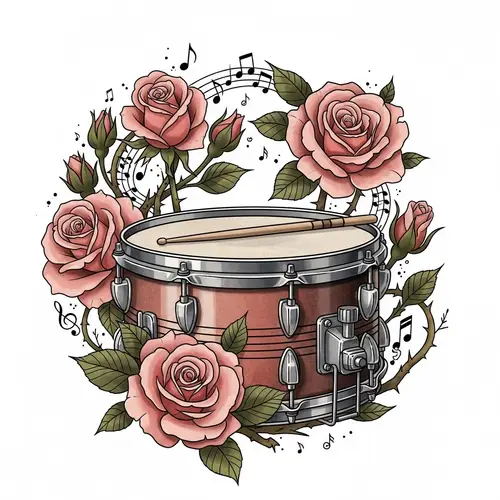 Drum Snare and Roses Tattoo Design | Musical Nature Art