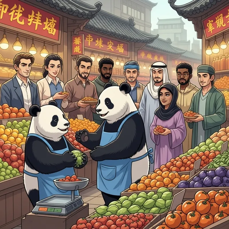 Panda Shopping for Vegetables in a Chinese Market Panda Shopping for Vegetables in a Chinese Market