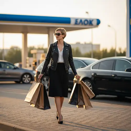 Stylish Young Woman Shopping with Many Bags | Gas Station Background
