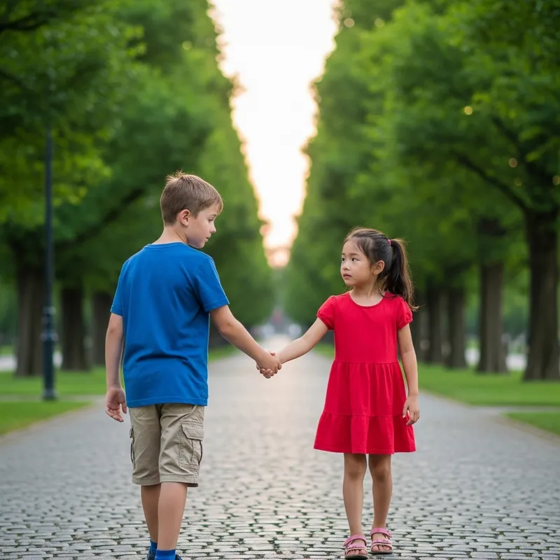 Boy walking away as girl in red dress reaches out