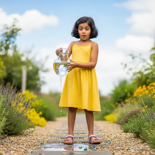 Surprised South Asian Girl Spills Water Outdoors