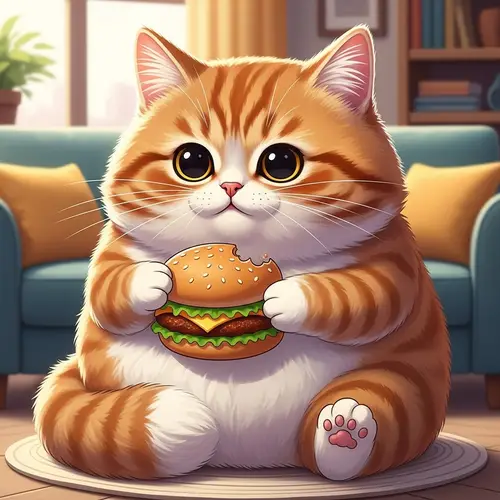 Chubby Ginger British Cat Enjoying a Burger