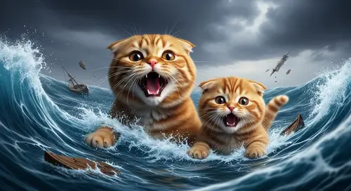 Scottish Ginger Cat and Kitten in Turbulent Waves