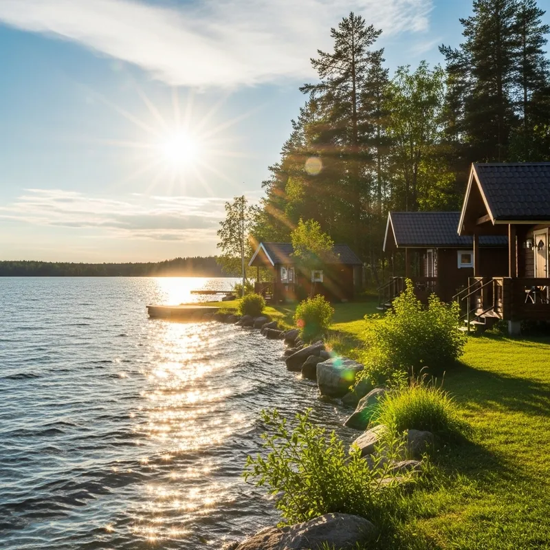 Golden Sunlit Lakeside Cabins for Blissful Summer Retreat