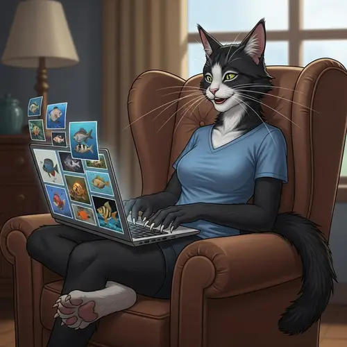 Feline-Human Hybrid Figure in Black Fur on Armchair with Laptop
