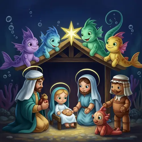 Whimsical Nativity Scene in Colorful Style | Magical Characters