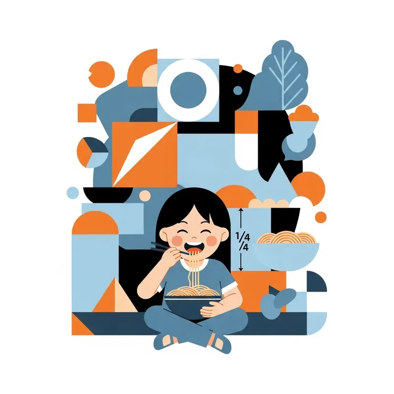 Harmonious Geometric Figures Flat Illustration with Asian Girl Eating Pasta