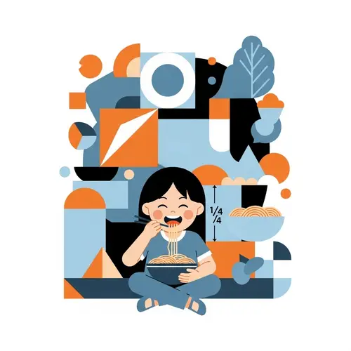 Geometric Figures Flat Illustration with Asian Girl Enjoying Pasta