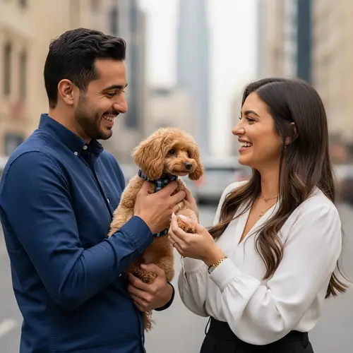Multicultural Love Story in Dubai: Joyful Couple Anticipating Toy Poodle