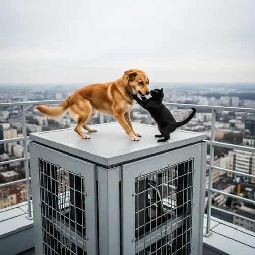 Playful Dog versus Cat on Skyscraper Rooftop