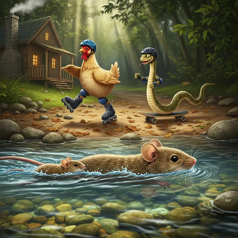 Large and Small Mice Swimming, Chicken and Snake Roller Skating