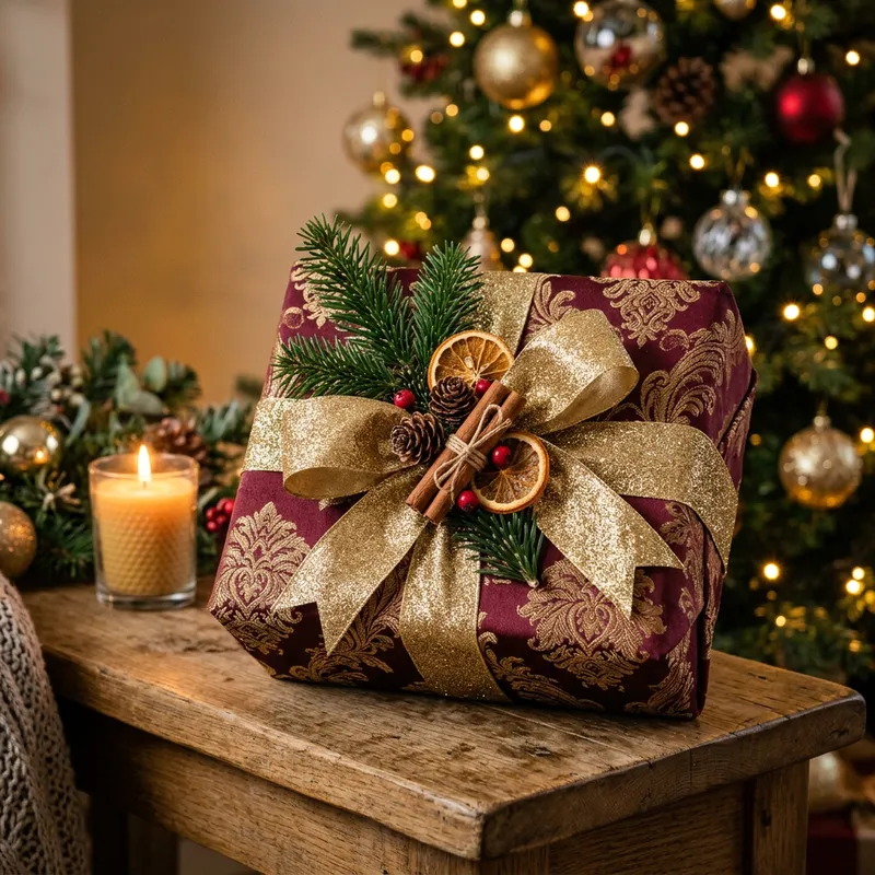 Elegant Christmas Gift Wrapping with Burgundy Fabric and Gold Accents