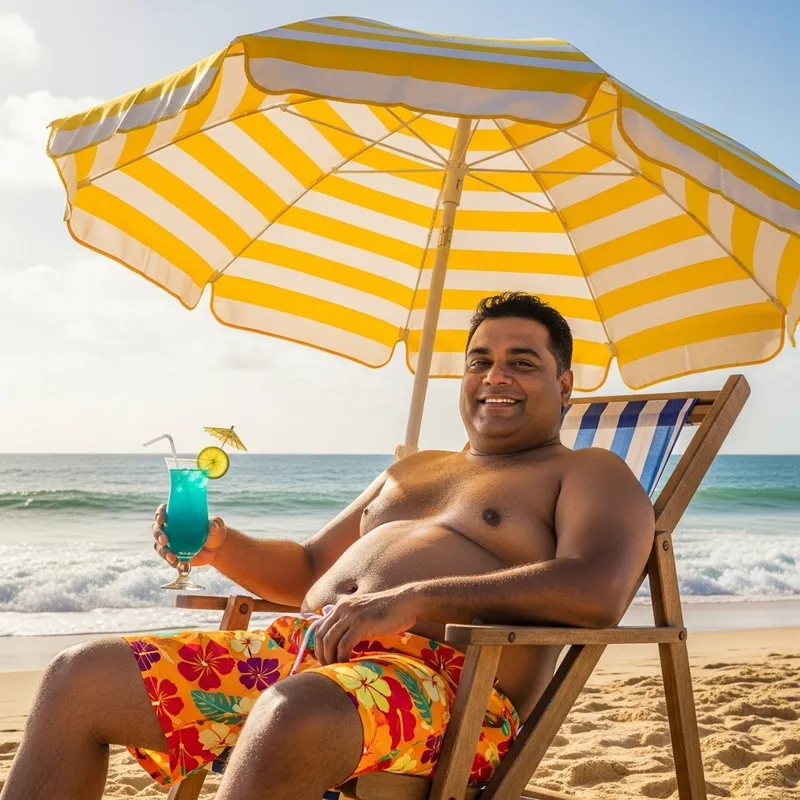 Chubby Man Lounging on Beach Chair with Cocktail