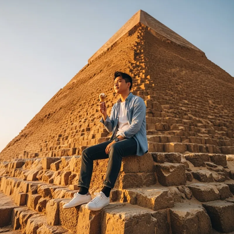 Asian Man Enjoying Chocolate Ice Cream on Ancient Egyptian Pyramids at Sunset