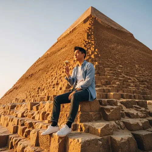 Asian Man Enjoying Peanut Butter Ice Cream on Ancient Pyramids at Sunset