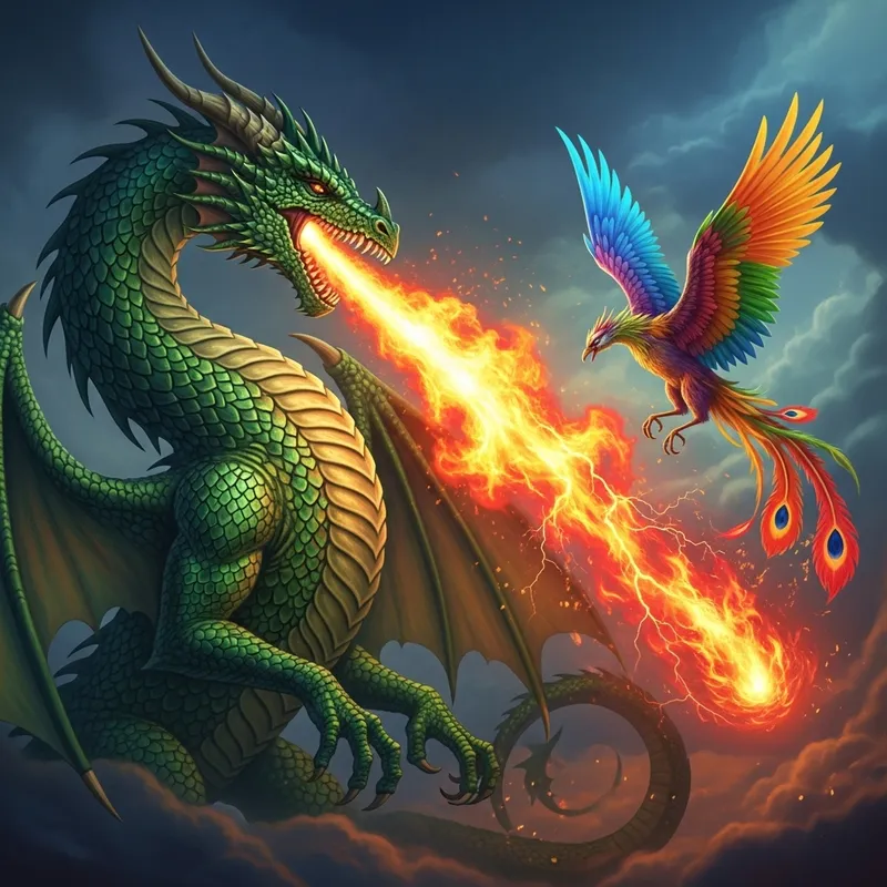 Majestic Green Dragon with Fiery Phoenix