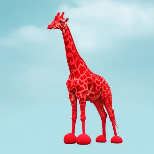 Vibrant Red Giraffe with Large Hooves