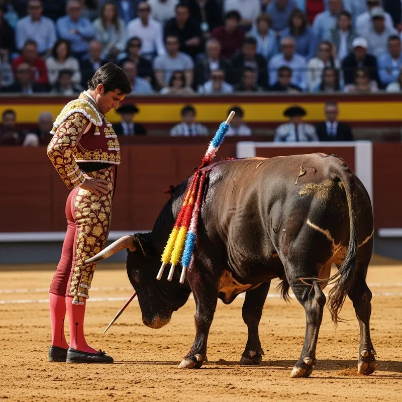 Spanish Bullfighting: Bullfighter Facing Stabbing Bull