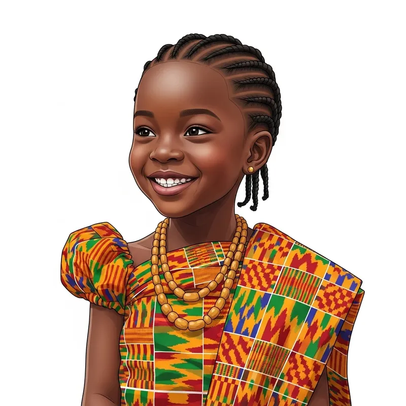 Young Ghanian Girl in Vibrant Kente Cloth - Realistic Cartoon Young Ghanian Girl in Vibrant Kente Cloth - Realistic Cartoon