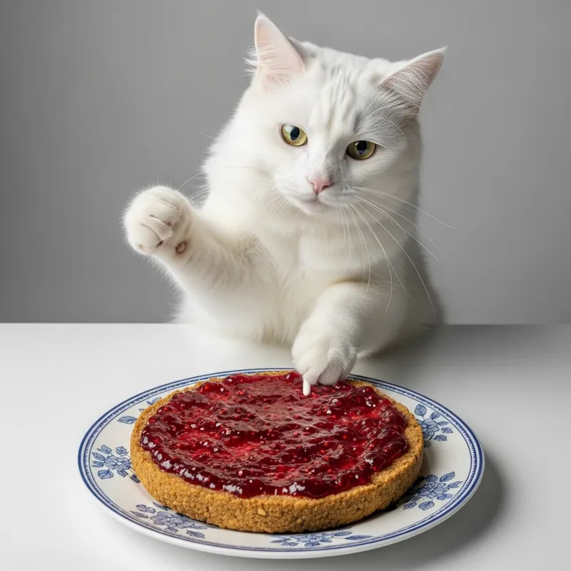 White Cat Enjoying Falafel with Jam