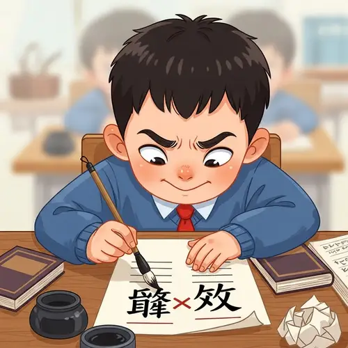 Young Asian Boy Overcoming Chinese Character Writing Challenges