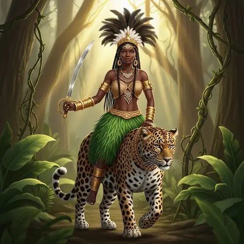 African Princess in Grass Bikini Riding Leopard with Ostrich Feather Crown