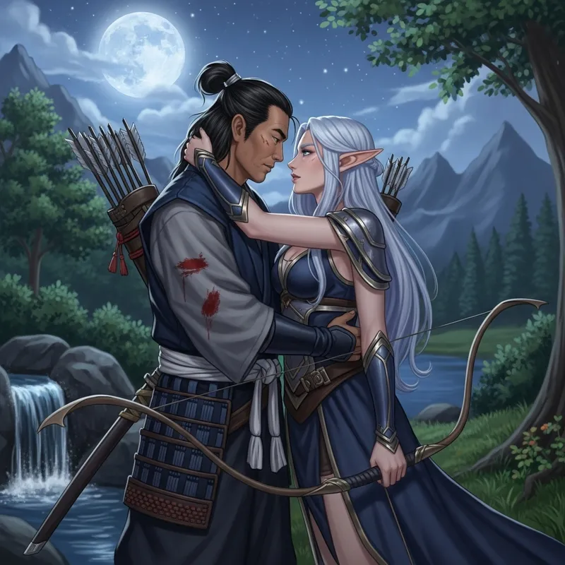 Romantic Samurai & High Elf Archer Embrace Under Starry Skies