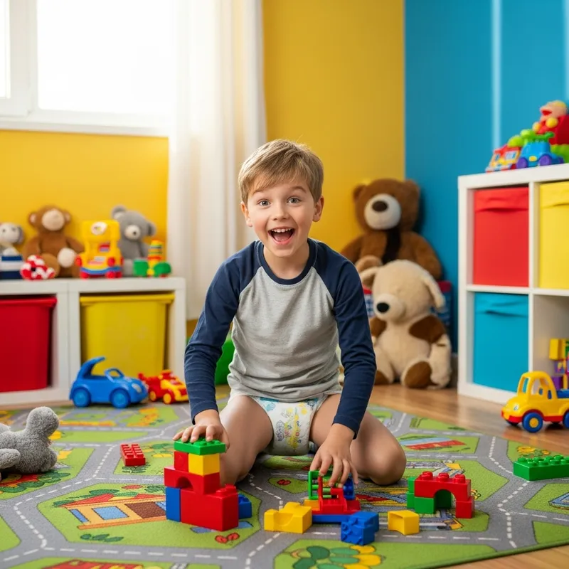 Cute 10-Year-Old Diaper Boy Enjoying Playtime in Vibrant Playroom