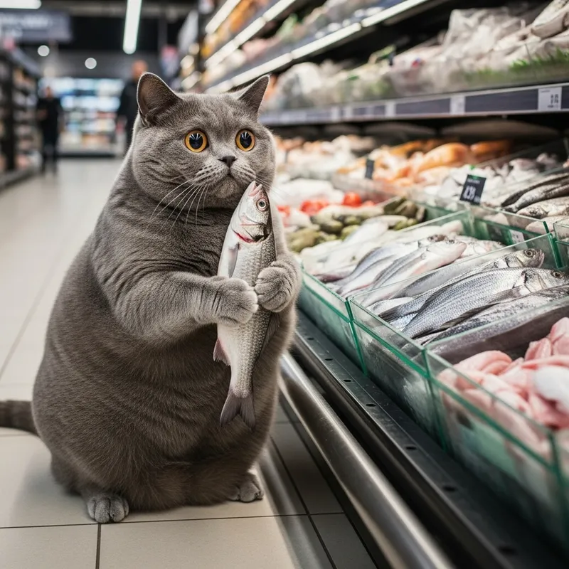 Adorable Grey British Shorthair Cat in Supermarket Scene