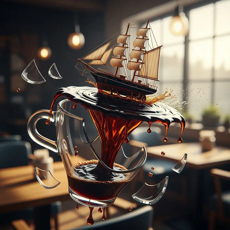 Boat in Coffee Glass - Glass Broken, Boat Floating in Air