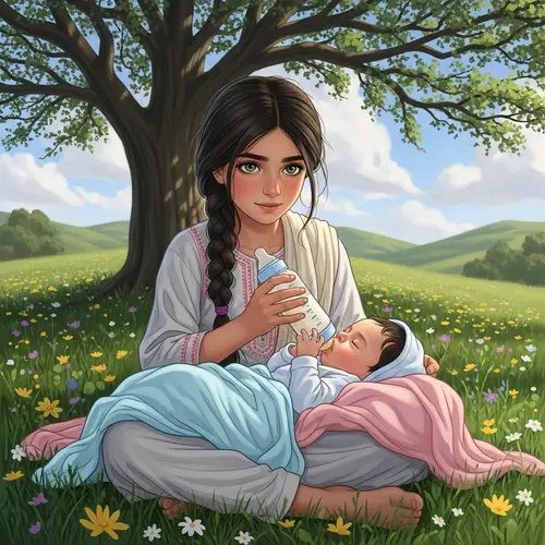 Pakistani Girl with Big Green Eyes Breastfeeding: Heartwarming Scene