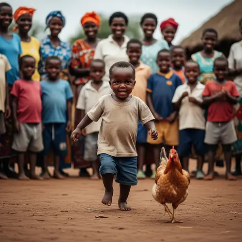 Young African Child Chasing Chicken in Rural Village