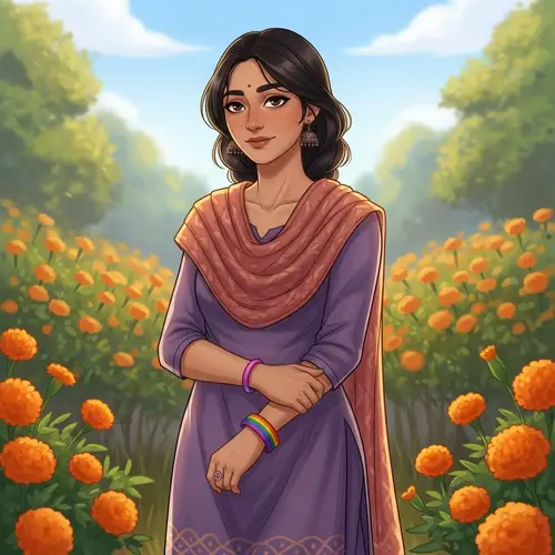 South Asian Woman in Traditional Attire Amid Marigold Garden