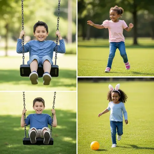 Multicultural Kids, Ages 6-7, Playful Activities on Swings & Field