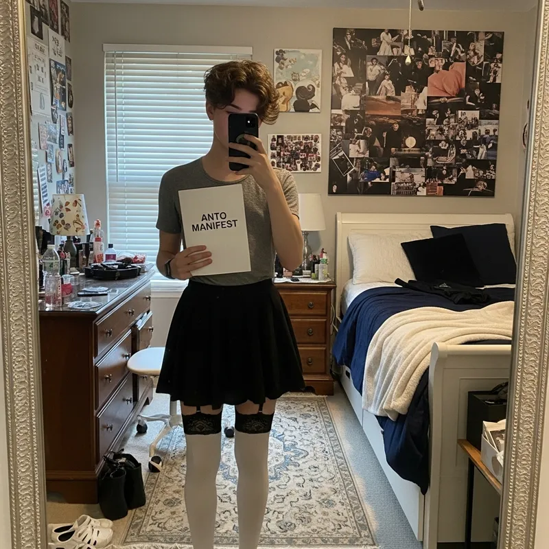 Femboy in Short Skirt and Stockings Holding 'Anto Manifest' Sign
